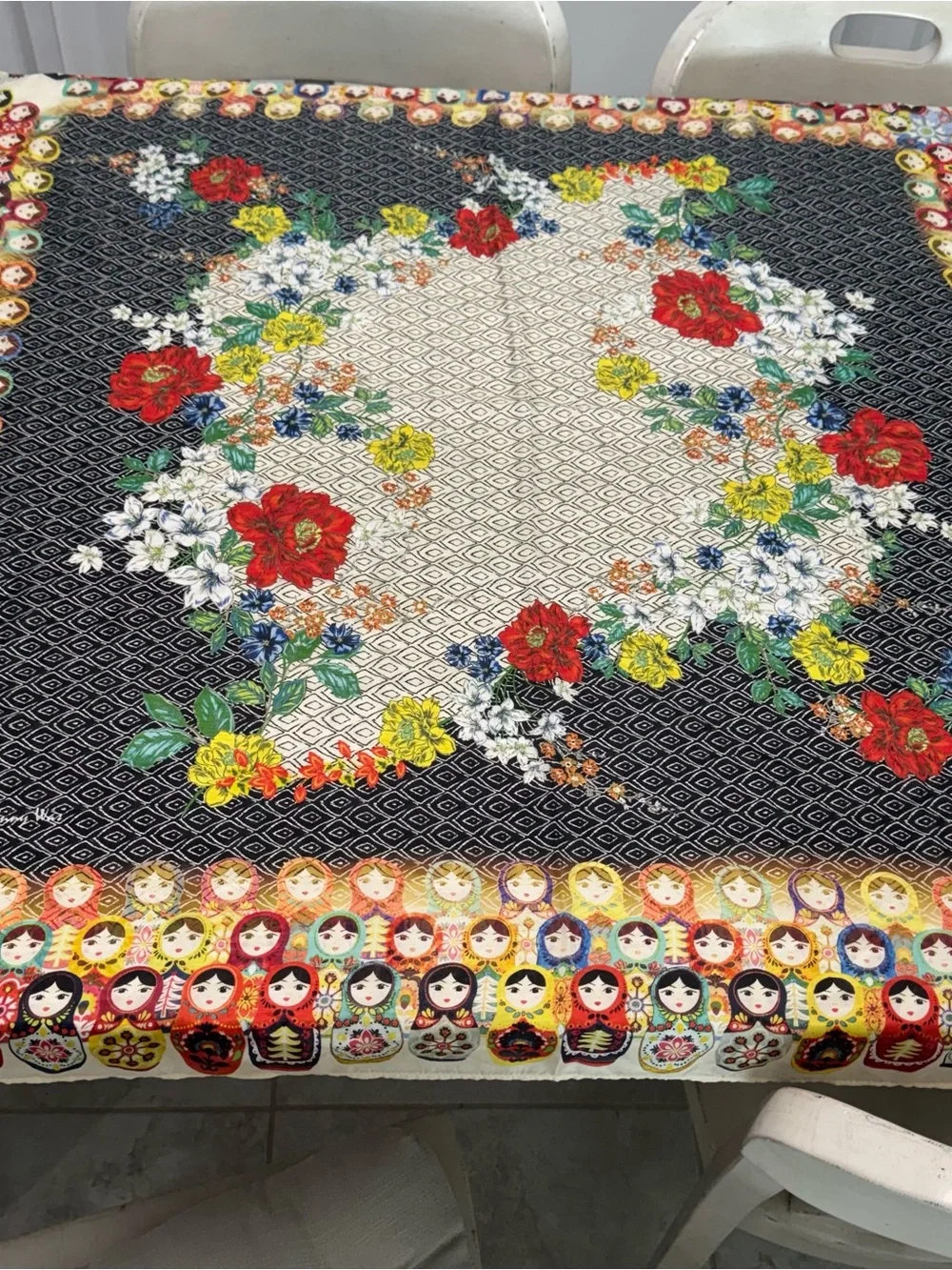Johnny Was  Cream Multi-Color Floral & Folk Scarf with Tassel
